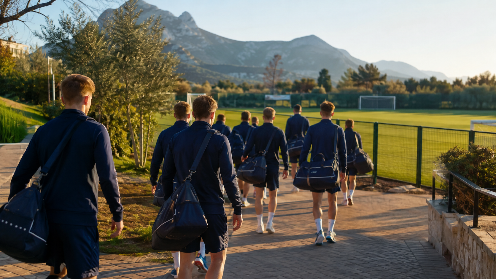 Fotbollslag anländer till ett träningsläger utomlands