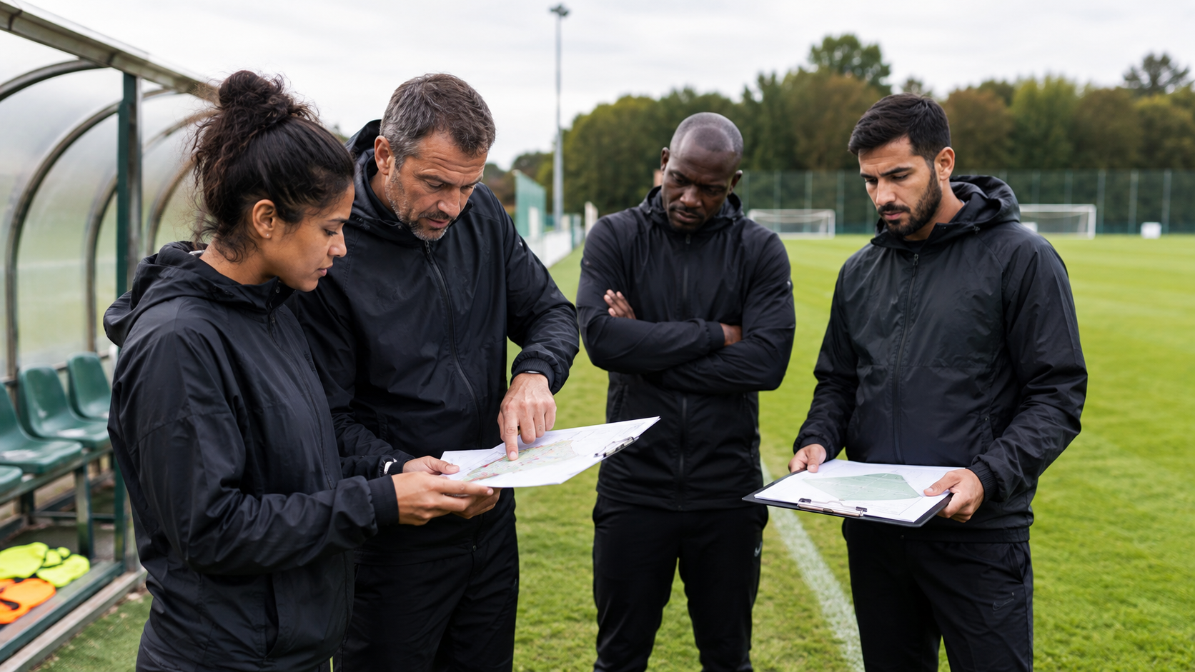 Tränare planerar ett fotbollsläger vid träningsplanen