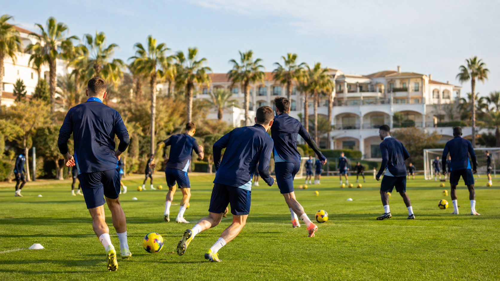 Fotbollslag tränar på naturgräs vid en resort i Turkiet