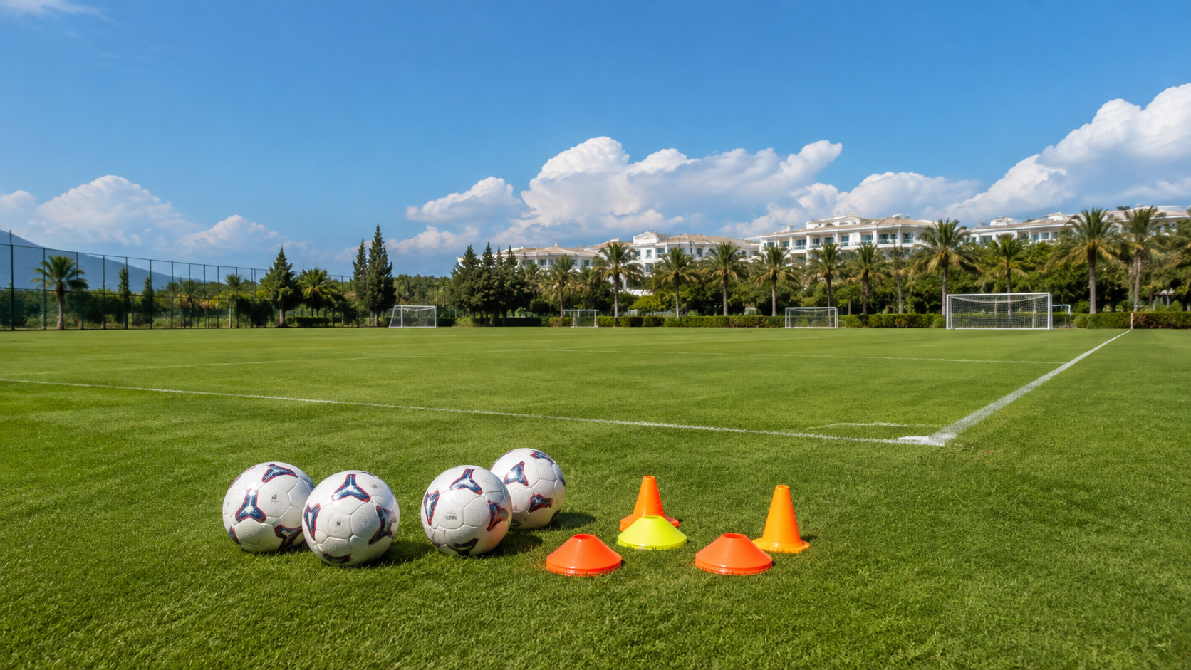 Fotbollsplan med bollar och koner i Turkiet